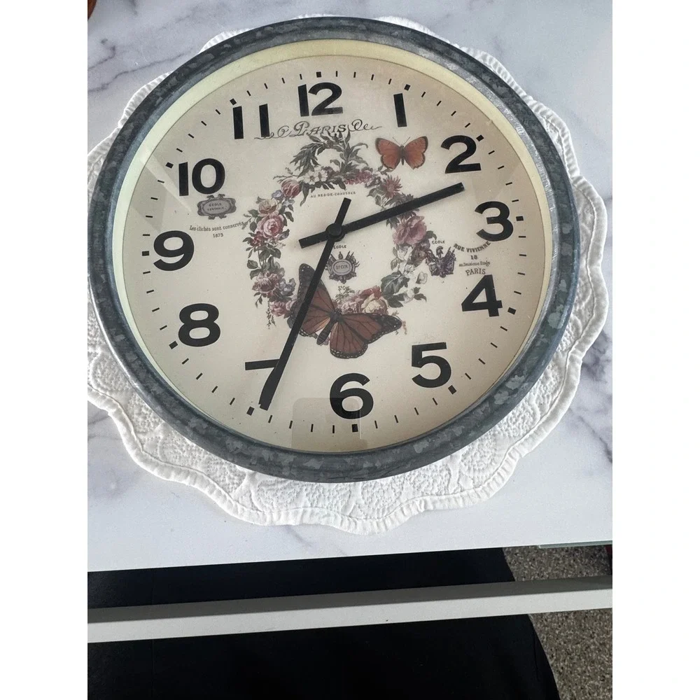 Paris Botanical Butterfly Wall Clock French‎ Country Farmhouse Gray Round 12in